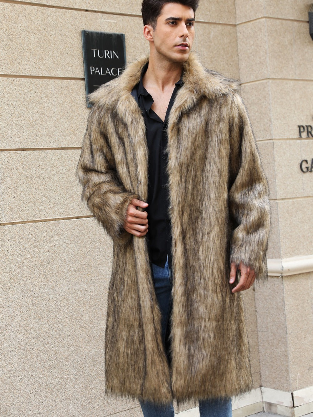 Yellow Lapel Fox Fur Men’s Long Coat