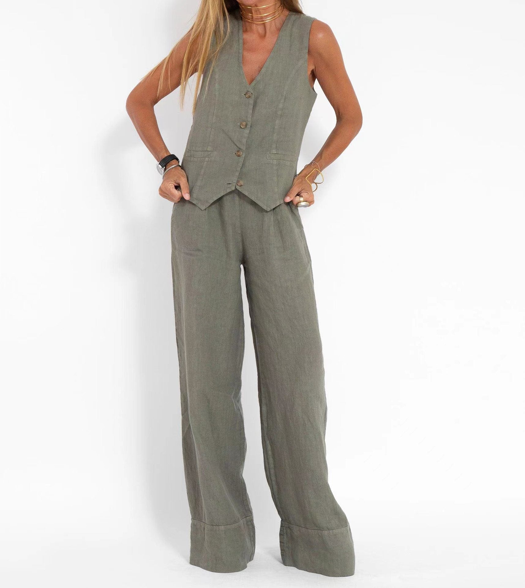 Linen-Blend Vest & Pants Set