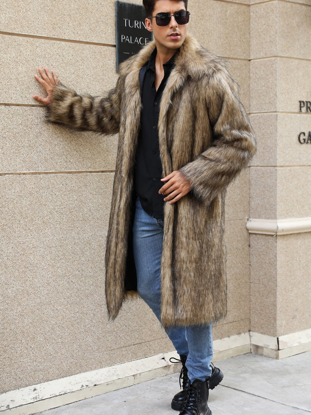 Yellow Lapel Fox Fur Men’s Long Coat