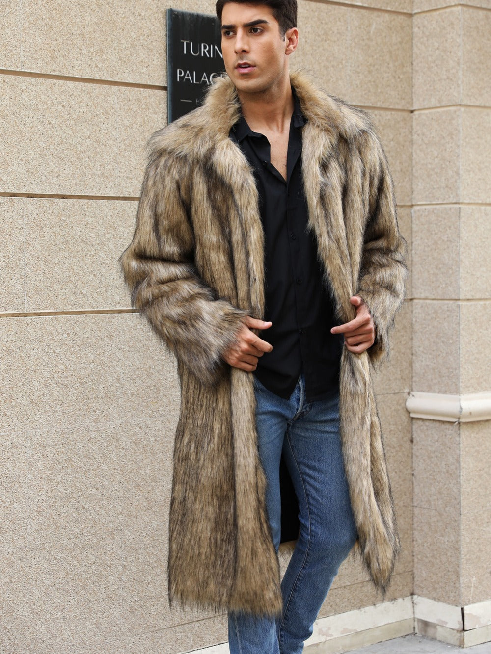 Yellow Lapel Fox Fur Men’s Long Coat