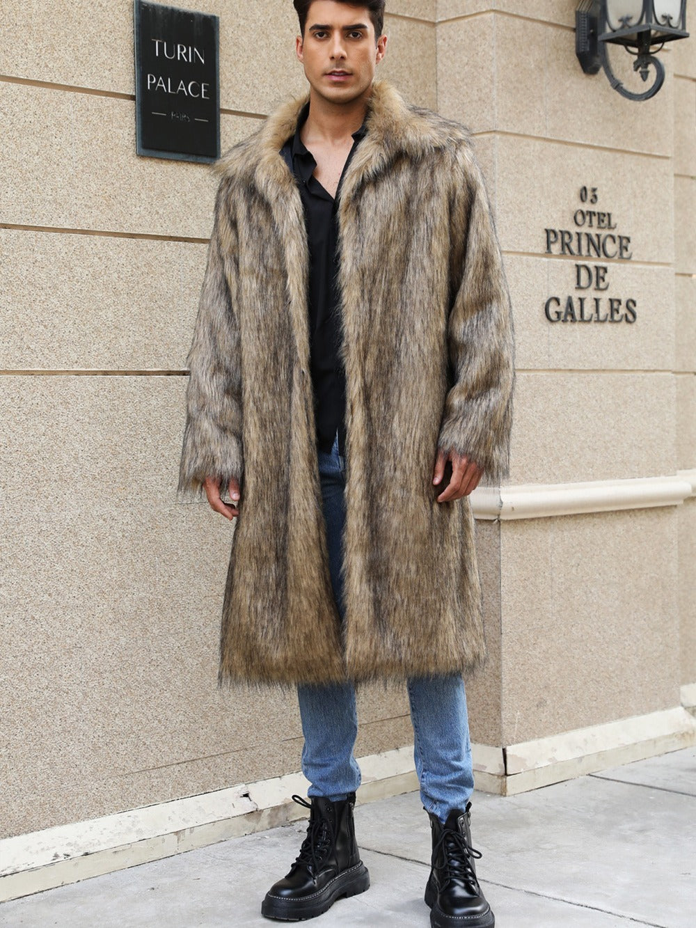 Yellow Lapel Fox Fur Men’s Long Coat