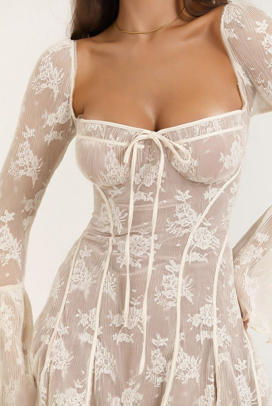 Lace-Panel Long-Sleeve Mini Dress