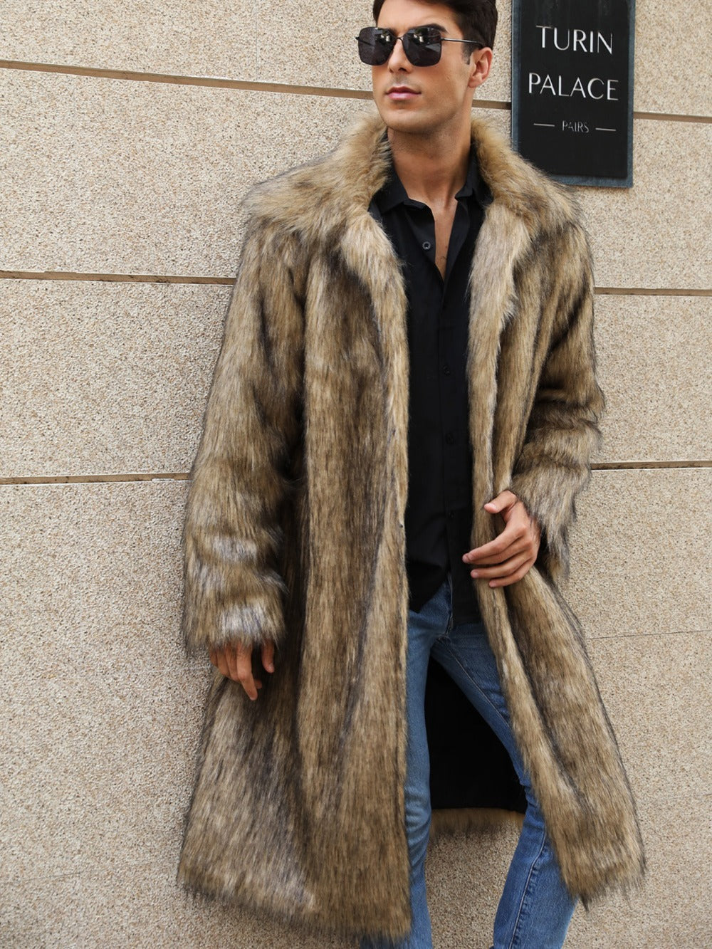 Yellow Lapel Fox Fur Men’s Long Coat