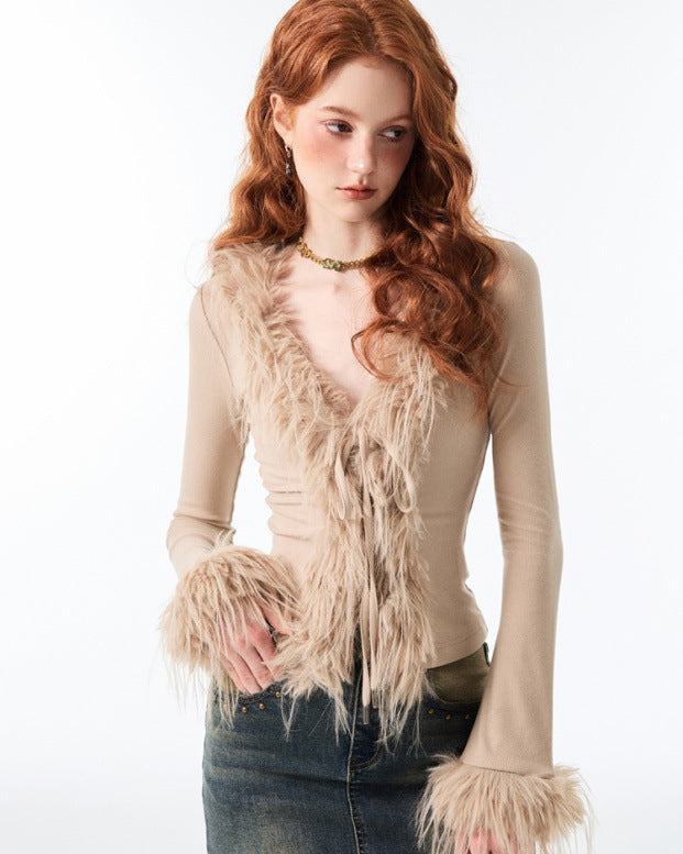 Long-Sleeve Fur-Trim Top