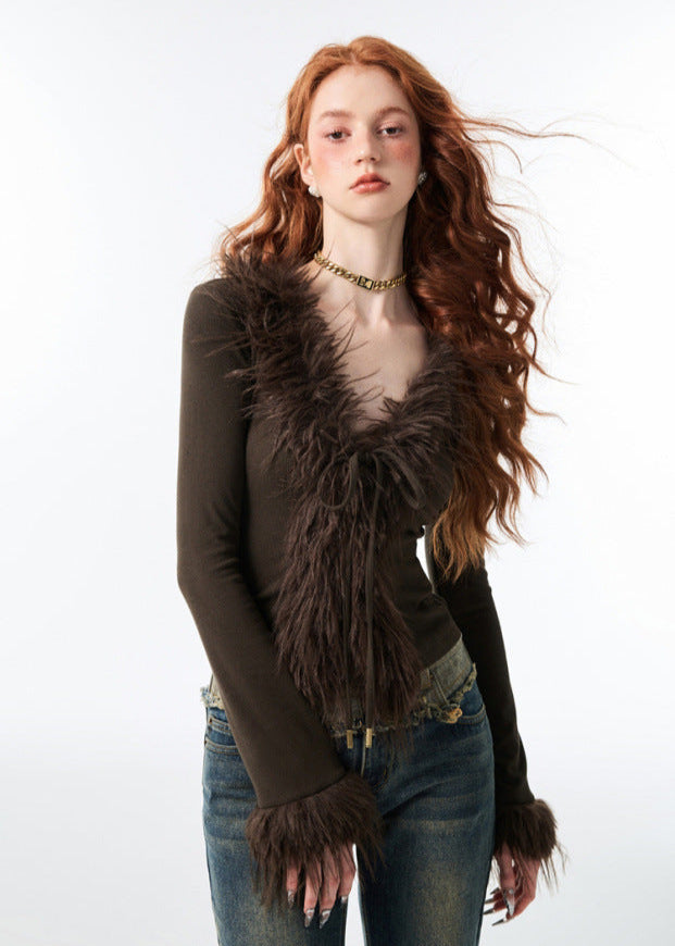 Long-Sleeve Fur-Trim Top