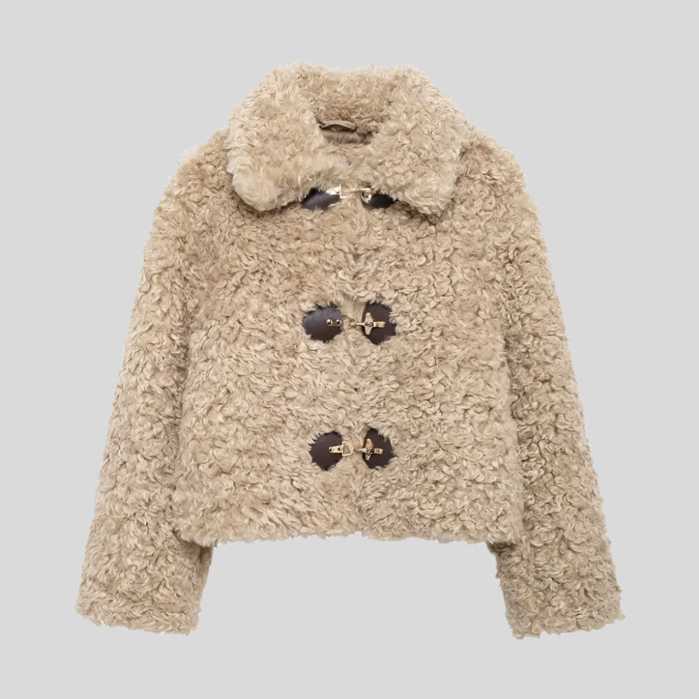 JO Elegant Short Fur Coat with Buckle