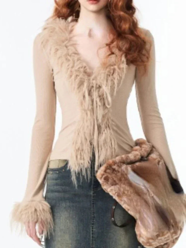 Long-Sleeve Fur-Trim Top