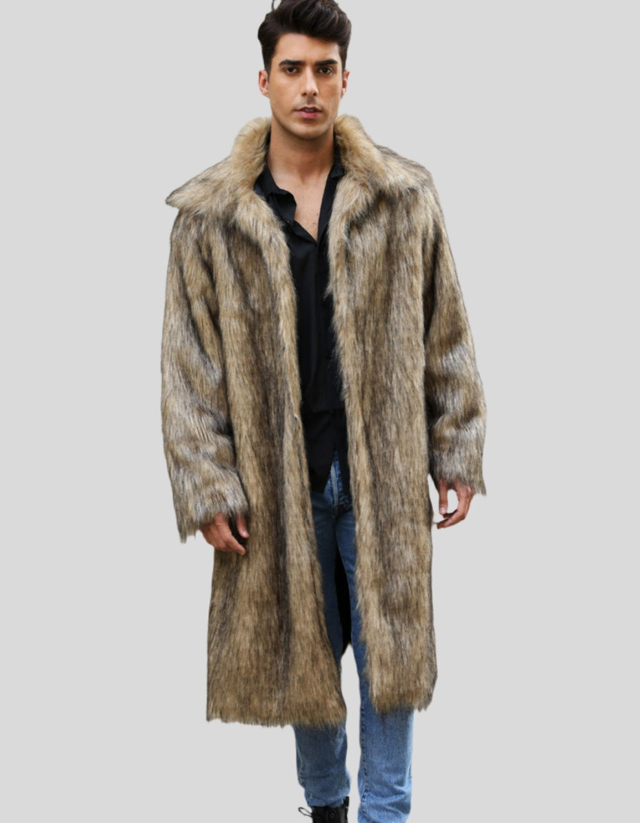 Yellow Lapel Fox Fur Men’s Long Coat