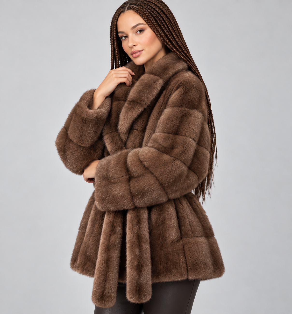 Faux Mink Fur Jacket with Belted Waist