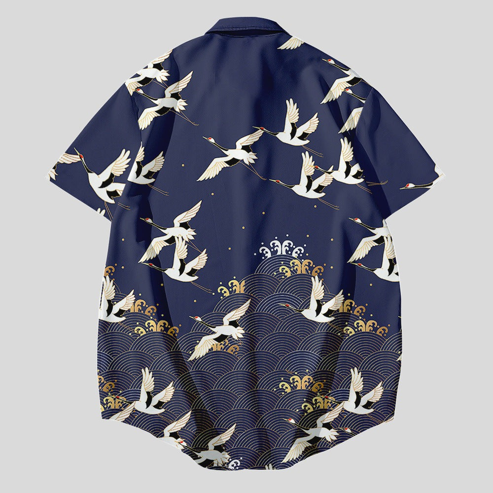 Satin Crane-Print Shirt