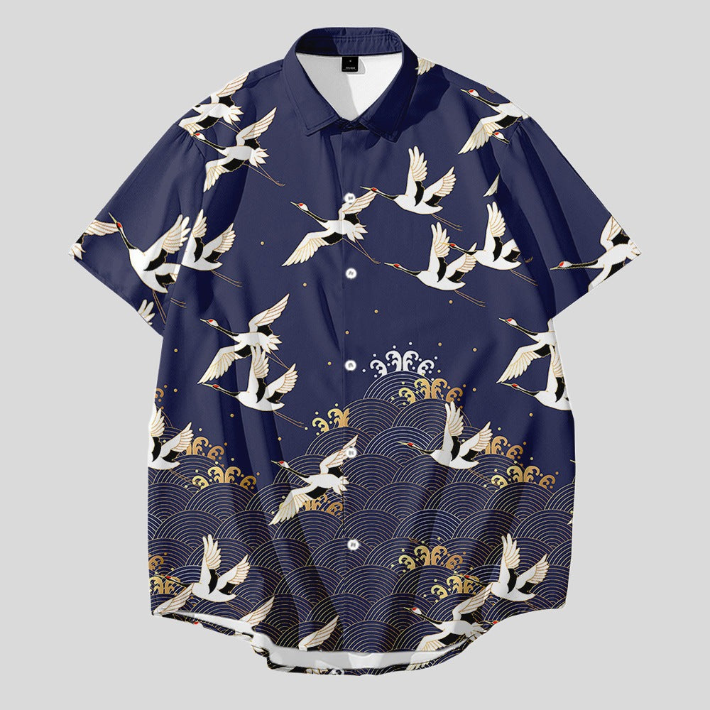 Satin Crane-Print Shirt