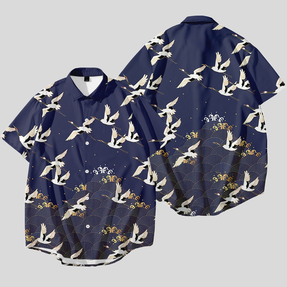 Satin Crane-Print Shirt