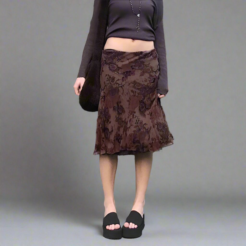 Brown Midi Skirt with Flowers & Lace