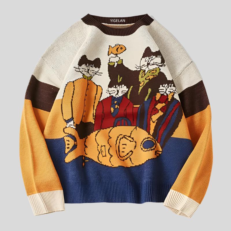 Cat-and-Fish Print Sweater