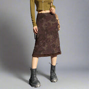 Brown Midi Skirt with Flowers & Lace