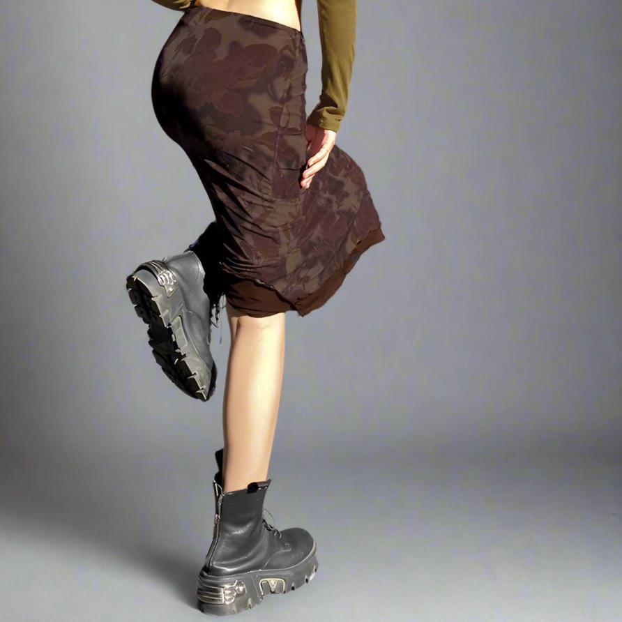 Brown Midi Skirt with Flowers & Lace
