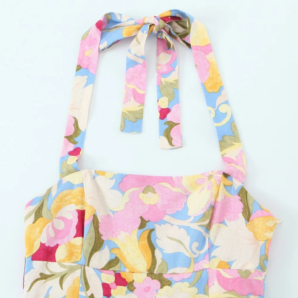 Women'S Dress Fashion Print Hanging Neck Strap Pleated Long Temperament Summer New Dress