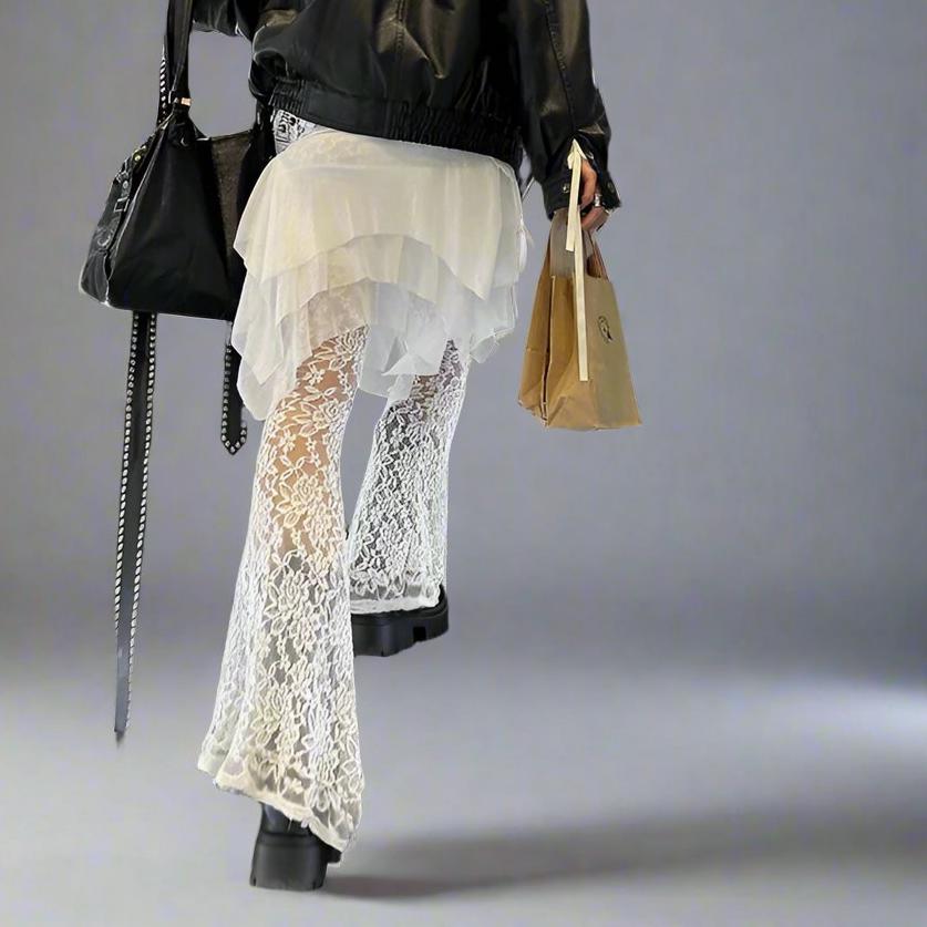 AN Lace-Overlay Flare Pants