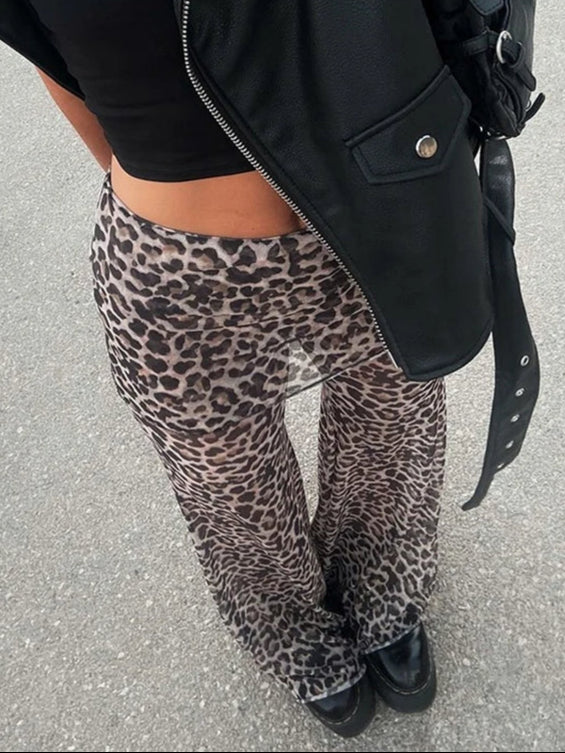 Elegant High-Waisted Leopard Print Wide Leg Trousers for Women