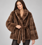 Faux Mink Fur Jacket with Belted Waist
