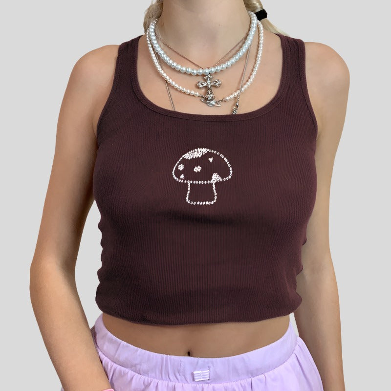 Brown Tank with Mushroom Embroidery