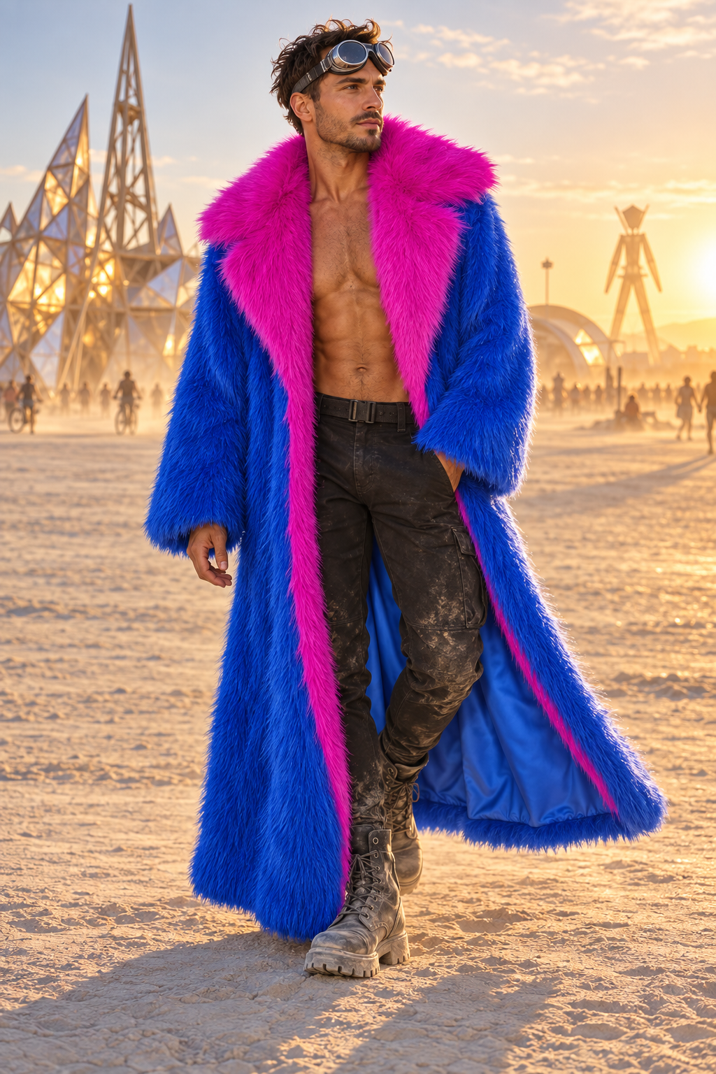 Contrast Color Faux Fur Trench Coat