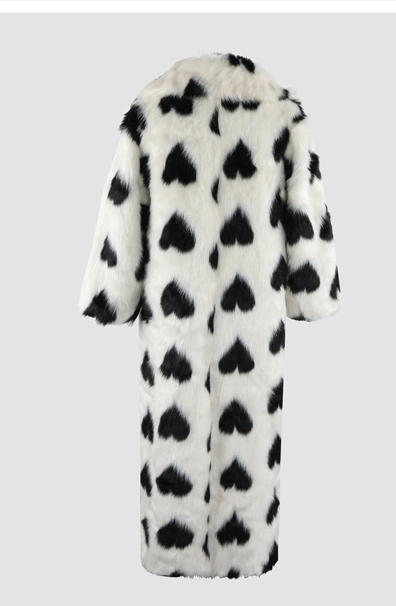 Heart Print Faux Fur Coat