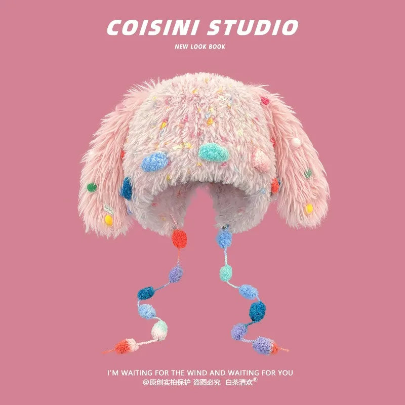 Pom Pom Bunny Ear Trapper Hat