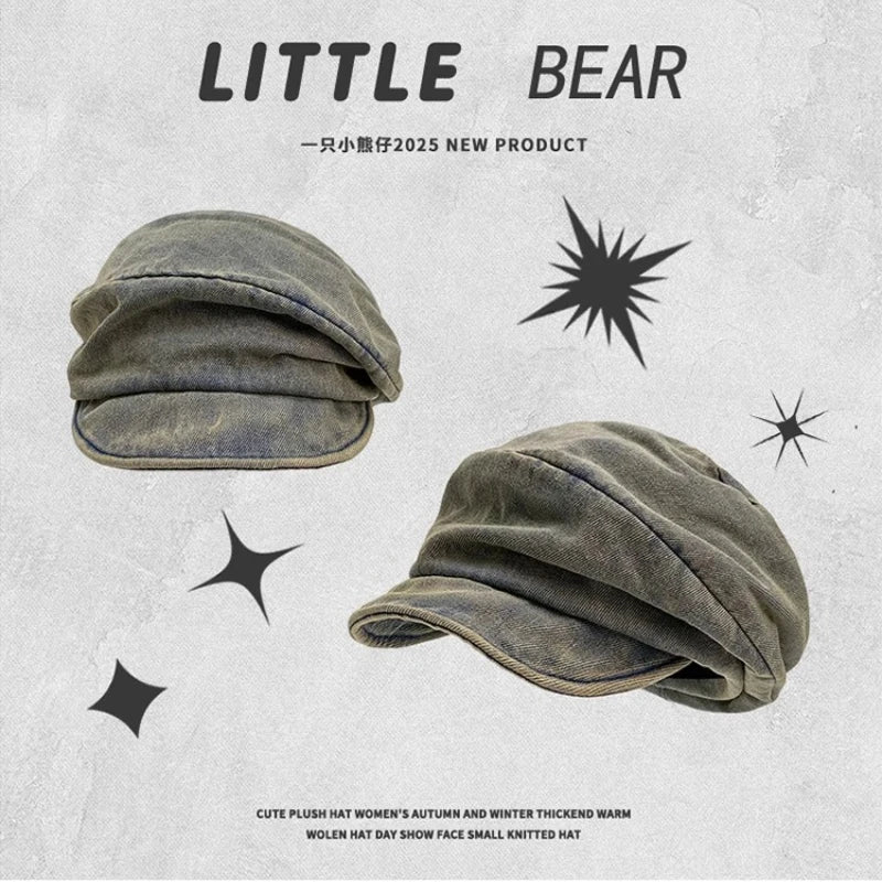 Washed Denim Beret Hat