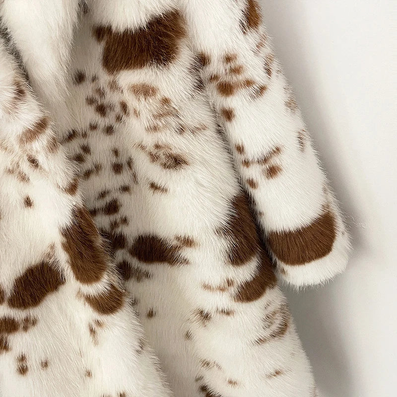 Long Cow Print Faux Fur Coat