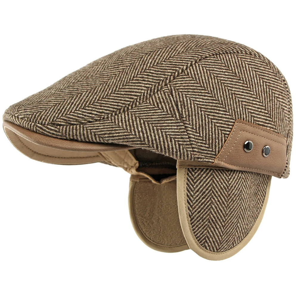 Striped Beret Hat with Ear Flaps