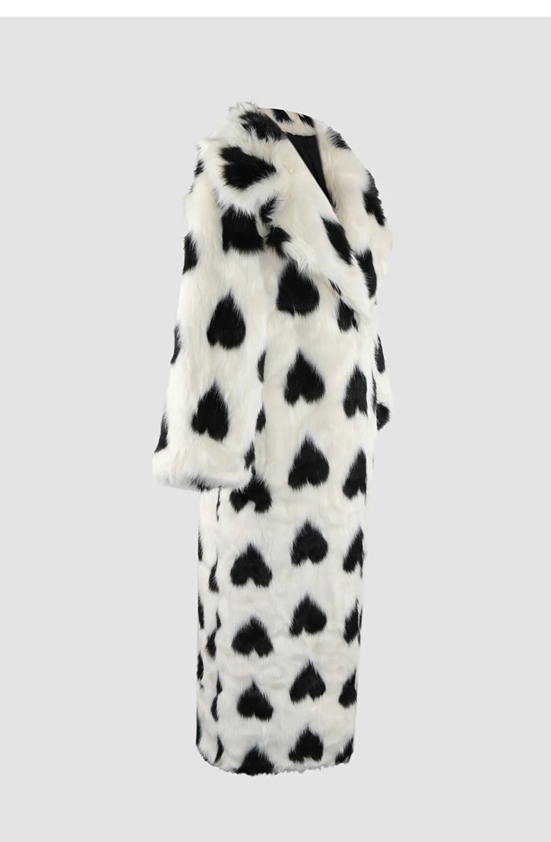 Heart Print Faux Fur Coat