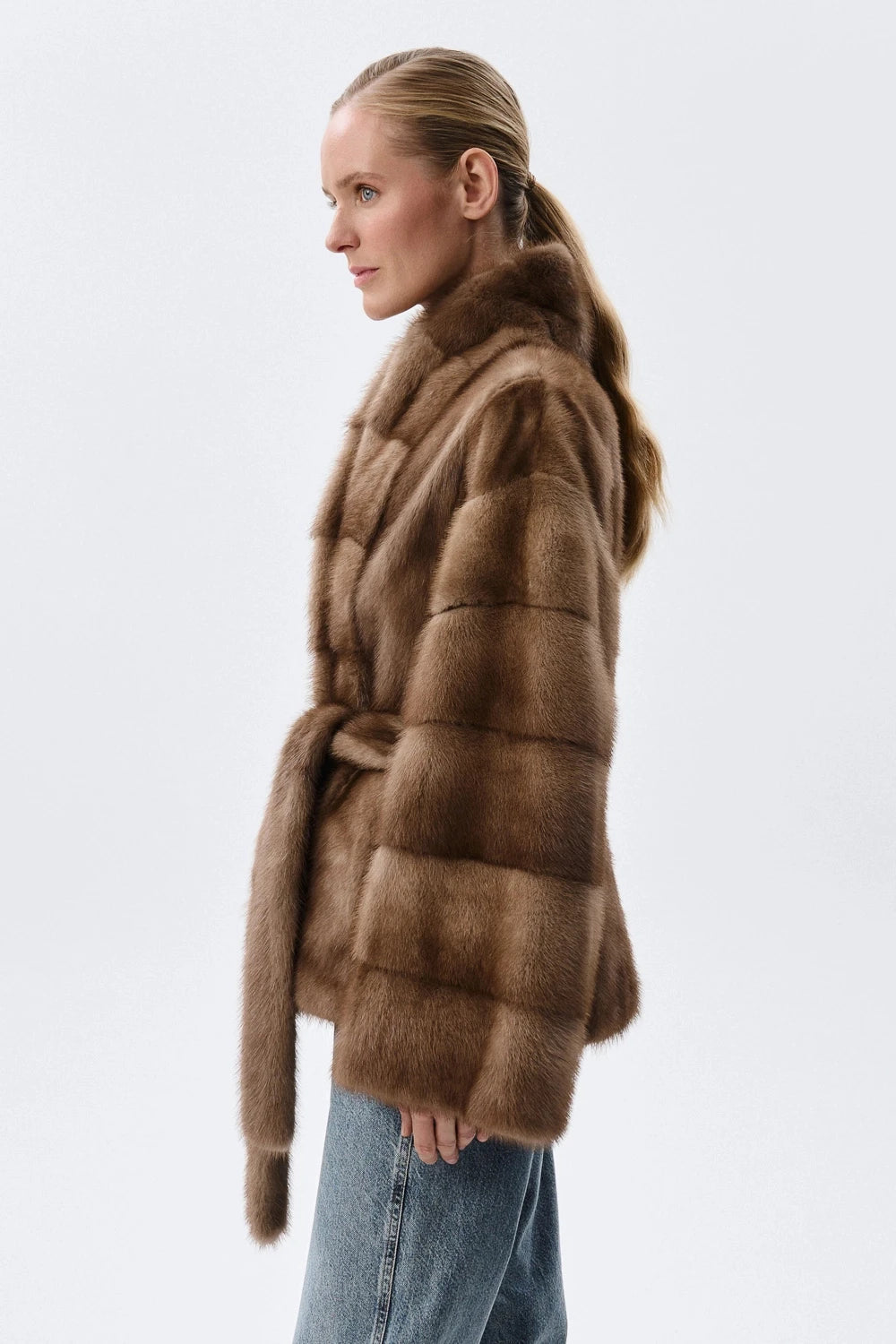 Faux Mink Fur Jacket with Belted Waist