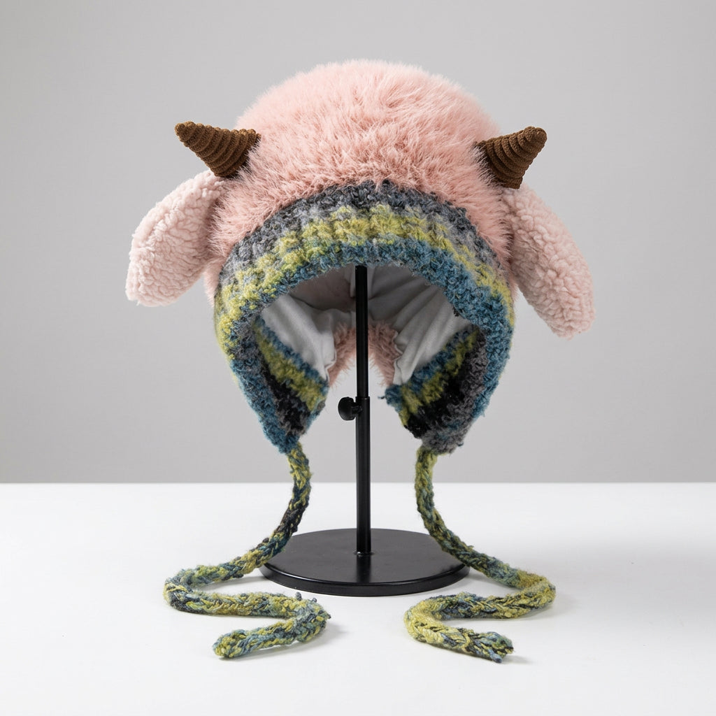 Fluffy Horn Ear Flap Knit Hat