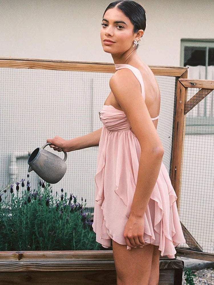 Metal Starfish Dress Women Chest Wrap Halter Low-Neck Irregular Ruffles Hem Backless Sleeveless Vacation Mini Bodycon