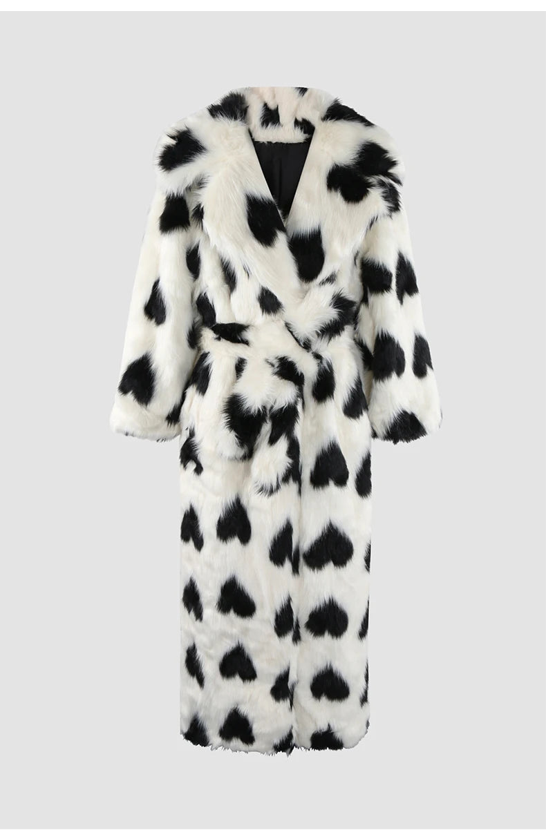 Heart Print Faux Fur Coat