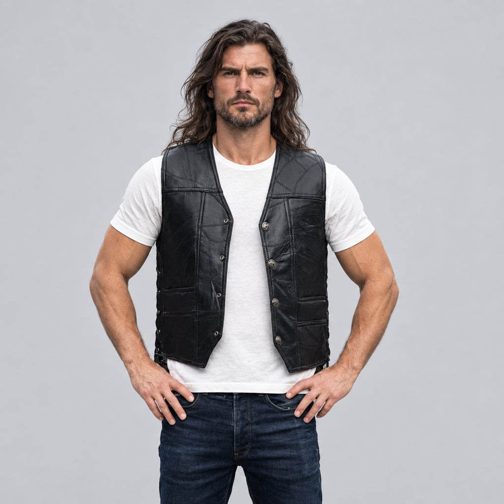 Men's Black Leather Biker Vest