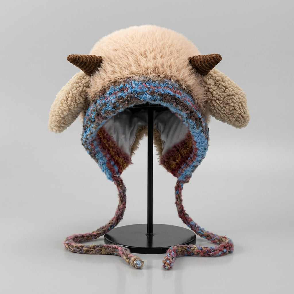Fluffy Horn Ear Flap Knit Hat