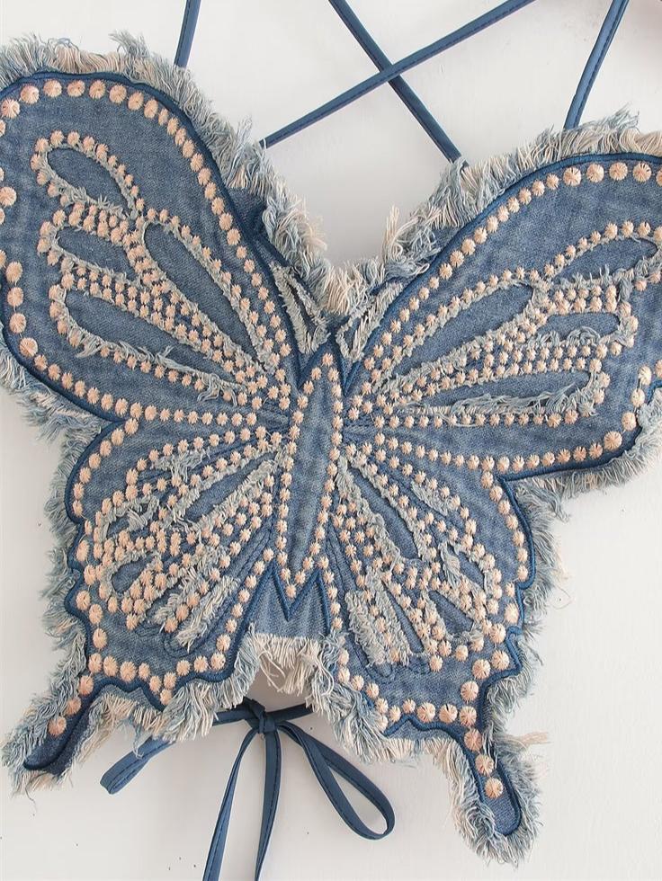 Butterfly Studded Denim Tank