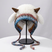 Fluffy Horn Ear Flap Knit Hat