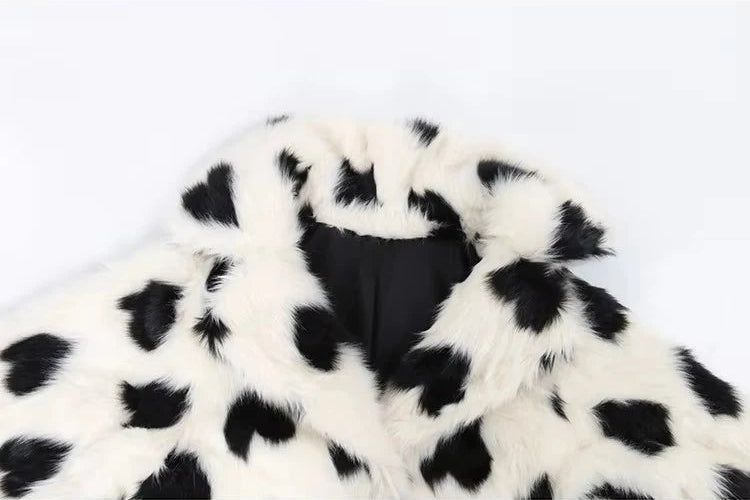 Heart Print Faux Fur Coat