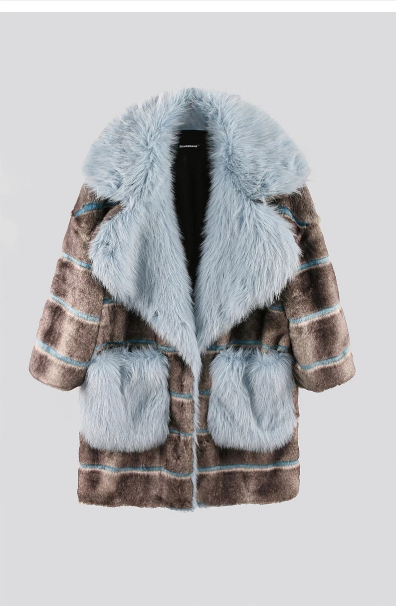 Striped Patchwork Faux Fur Coat