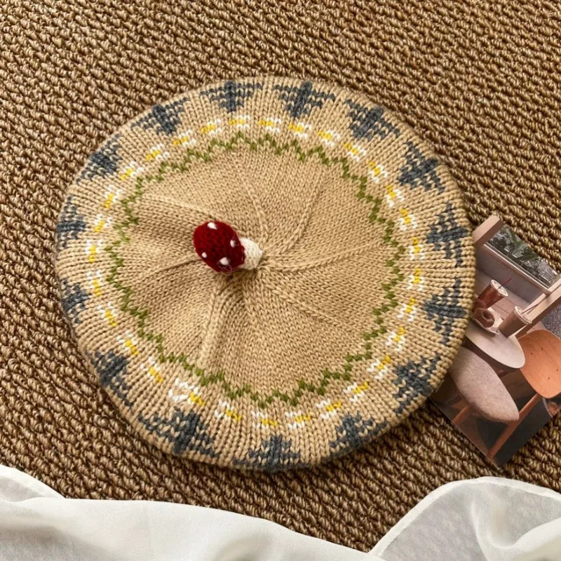 Mushroom Jacquard Knit Beret