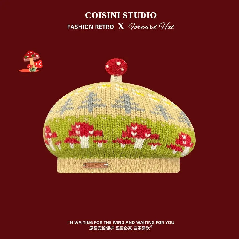 Mushroom Jacquard Knit Beret