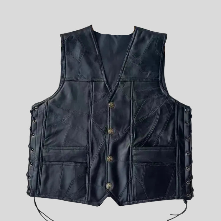 Men's Black Leather Biker Vest