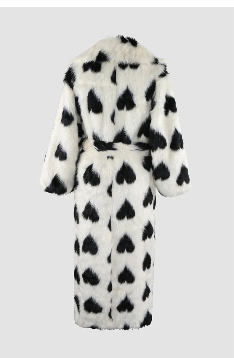 Heart Print Faux Fur Coat