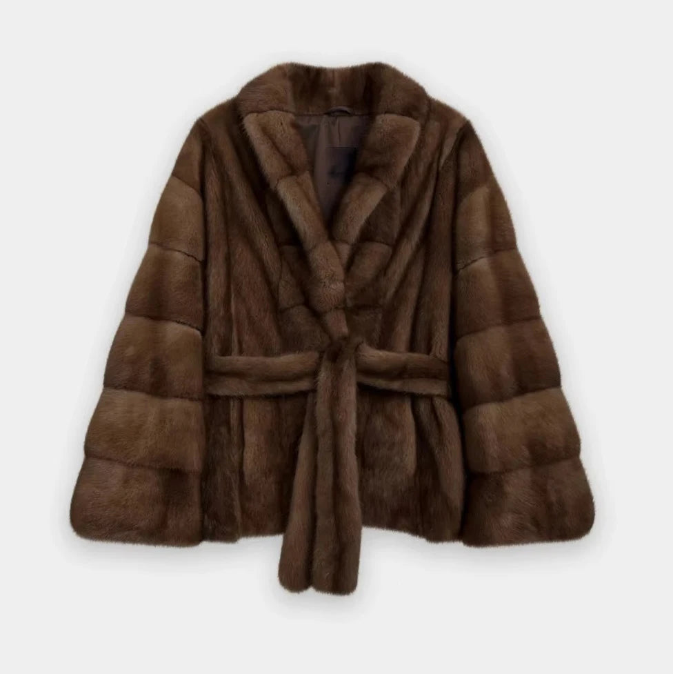 Faux Mink Fur Jacket with Belted Waist
