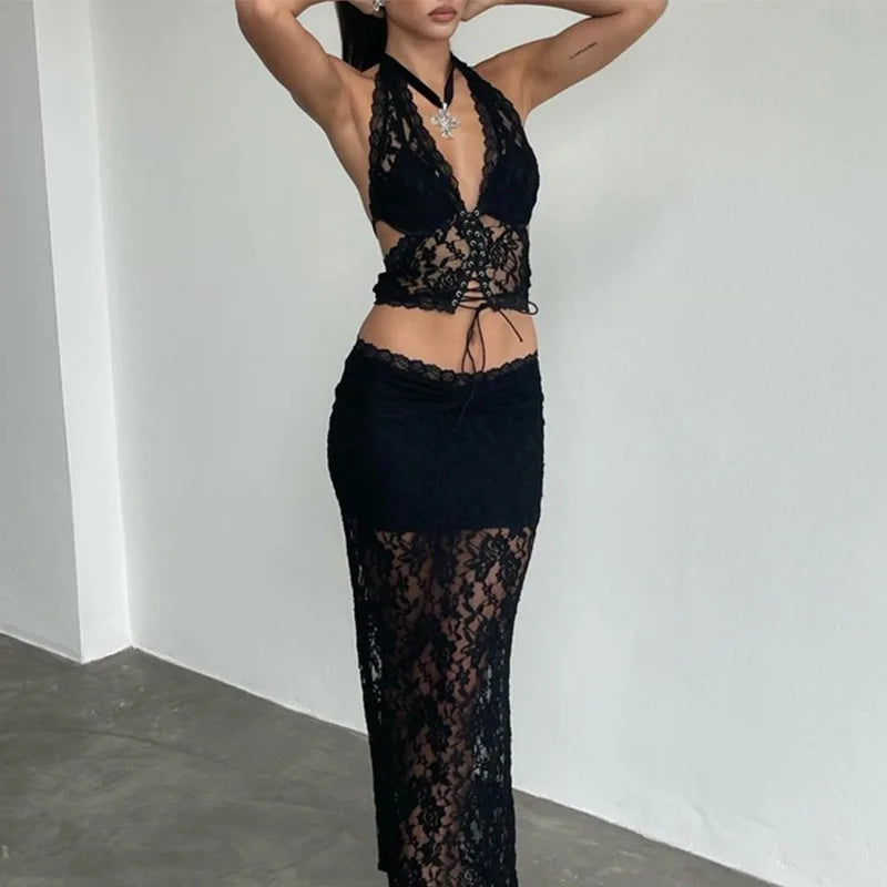 Nom Black Lace Skirt & Tank Set