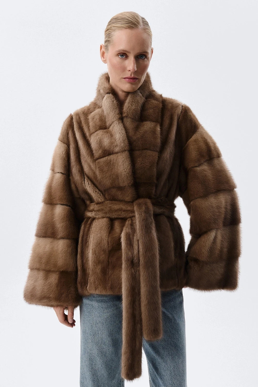Faux Mink Fur Jacket with Belted Waist
