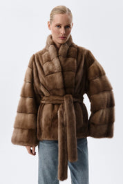 Faux Mink Fur Jacket with Belted Waist